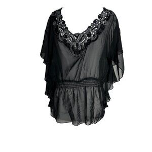 Ultra Pink Blouse Shirt Size Large Sheer Black Bat Wing Sleeve Embellished